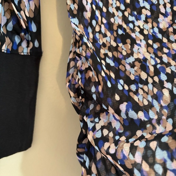 Mexx Mesh Black Blue & Lilac Pattern 3/4 Sleeve Ruched Button Up Blouse - Picture 8 of 14